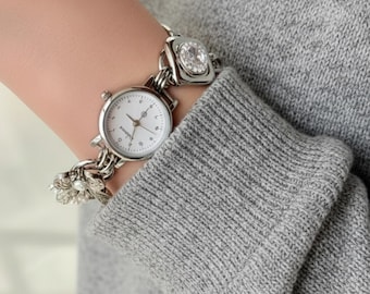 Unique Vintage Bracelet Watch - Black White Pearl Decorative Retro Ladies Wristwatch with Charm Details