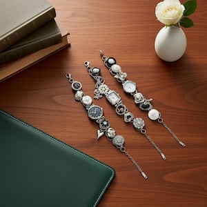 Vintage Charm Bracelet Watch - Retro Jewelry Bracelet with Floral & Pearl Charms, Unique Antique Wristwatch