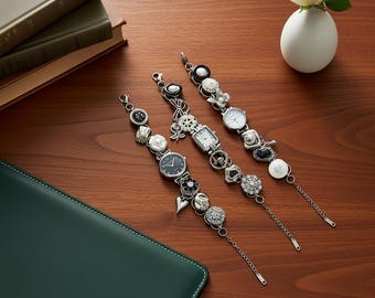 Vintage Charm Bracelet Watch - Retro Jewelry Bracelet with Floral & Pearl Charms, Unique Antique Wristwatch