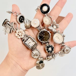Vintage Charm Bracelet Watch - Assembled with Retro Jewelry Charms, Handmade Unique Wristwatch