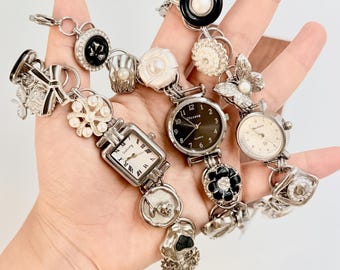 Vintage Charm Bracelet Watch - Assembled with Retro Jewelry Charms, Handmade Unique Wristwatch