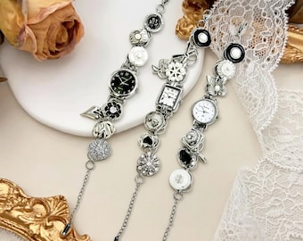 Vintage Charm Bracelet & Watch Combo - Retro Jewelry Bracelet with Floral Charms, Antique Wristwatch
