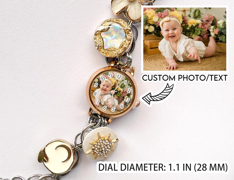 May include: A rose gold watch with a custom photo on the face, surrounded by decorative links. The watch face is 1.1 inches (28 mm) in diameter. The watch features a photo of a baby and the text "CUSTOM PHOTO/TEXT".