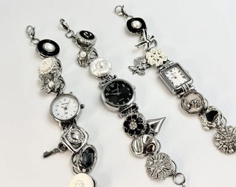 Vintage Retro Charm Bracelet Watch - Handmade with Vintage Charms, Unique Wristwatch