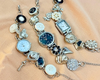 Vintage bedelarmbandhorloge - handgemaakt met retro sieradenschakels, uniek polshorloge, perfect cadeau