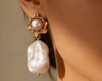 Vintage Gold-Plated Baroque Pearl Earrings | Natural Irregular Dangle June Birthstone Jewelry – Unique Birthday Gift