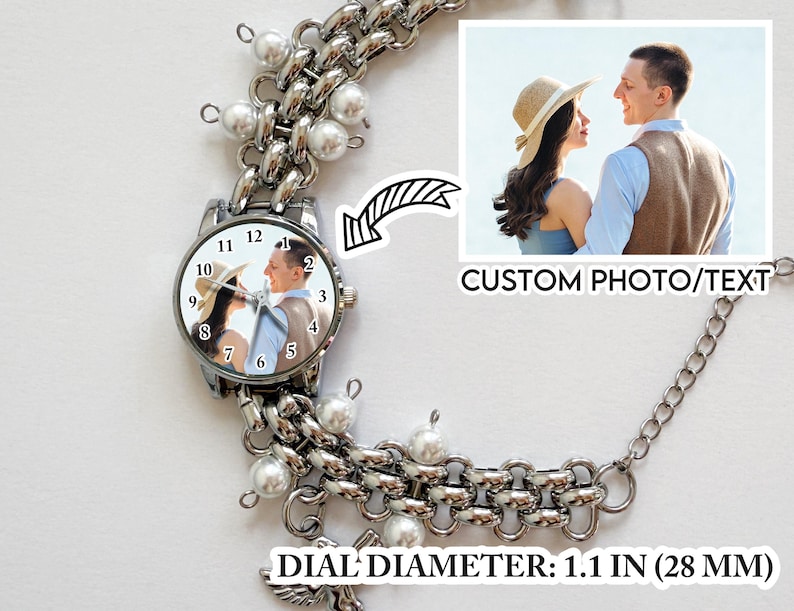 May include: A silver-toned watch with a custom photo on the face, surrounded by a chain-link bracelet adorned with faux pearls. The watch dial is 1.1 inches (28 mm) in diameter. The image also includes a photo with the text "CUSTOM PHOTO/TEXT".