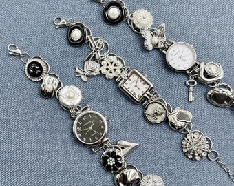 Vintage Charm-Assembled Bracelet Watch - Unique Women’s Retro Watch with Ornate Mixed Charms