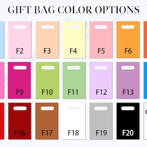 May include: A selection of colorful gift bag options, each with a handle cutout. The bags are in various colors, including blue, pink, orange, yellow, green, purple, red, brown, white, gray, and black. Text at the top reads "GIFT BAG COLOR OPTIONS."