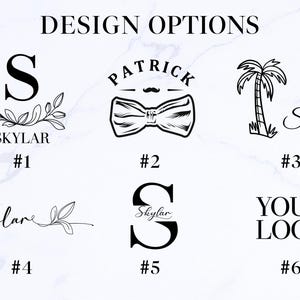 May include: Image showcasing design options with text and graphics. Includes a stylized letter "S" with floral accents, a bow tie with the name "Patrick", a palm tree with the name "Skylar", and a logo option. The text "DESIGN OPTIONS" is at the top.