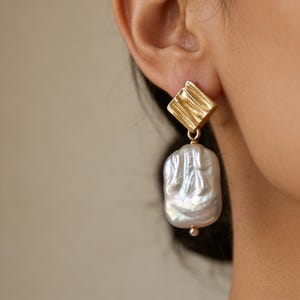 Vintage Gold Plated Baroque Pearl Earrings - June Birthstone Irregular Dangle Statement Jewelry
