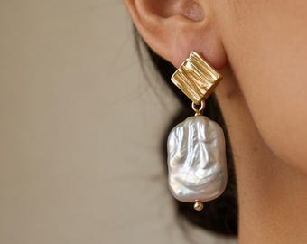 Vintage Gold Plated Baroque Pearl Earrings - June Birthstone Irregular Dangle Statement Jewelry
