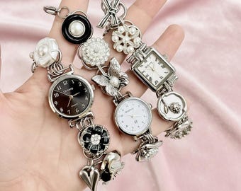 Vintage-Style Charm Bracelet Watch - Unique Retro Women’s Watch with Assorted Ornate Charms