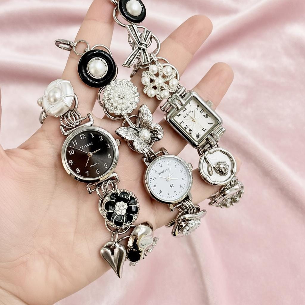Vintage style watch charm bracelet with 4 charms. UNIQUE!!  925 Vintage Charm Watch - Etsy main image 4