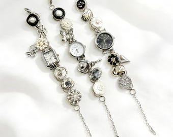 Vintage Bracelet Watch with Pearl & Decorative Charms - Retro Black White Silver Ladies Wristwatch for Fashion