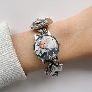 Vintage Charm Bracelet Watch, Custom Photo & Text Engraved Watch, Perfect Mother's Day or Birthday Gift for Women