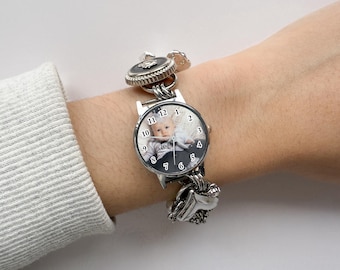 Vintage Charm Bracelet Watch, Custom Photo & Text Engraved Watch, Perfect Mother's Day or Birthday Gift for Women