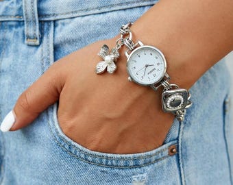 Vintage Charm Bracelet Watch - Retro Black White Silver Wristwatch with Pearl & Decorative Details for Women