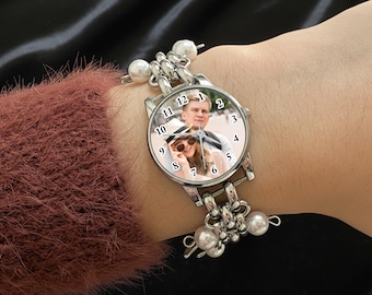 Custom Photo Watch with Vintage Charm Bracelet Band, Personalized Picture & Text Watch, Unique Gift for Women