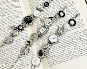 Charm-Adorned Vintage Bracelet Watch - Unique Retro Women’s Timepiece with Mixed Ornate Charms