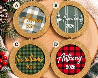 Personalized Christmas Ornament with Name and Year, Custom Family Ornament, Buffalo Plaid Christmas Decor, Personalized Holiday Gift