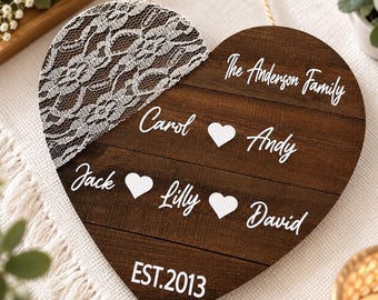 Personalized Family Name Sign, Custom Wooden Heart Wall Decor, Family Established Sign, Wedding Anniversary Gift, Rustic Home Decor