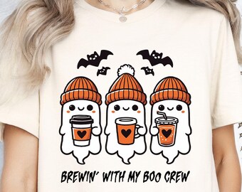Funny Ghost Halloween Shirt, Boo Crew Coffee Shirt, Brewing With My Boo Crew Shirt, Halloween Ghost Coffee Sweatshirt,Coffee Lover Ghost Tee