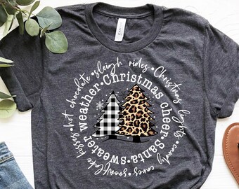 Christmas Cheer Santa Sweater Weather, Christmas Trees Buffalo Plaid Leopard, Merry Christmas Tee, Xmas Shirt, Christmas Shirts, Santa Shirt
