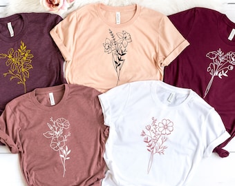 Chemises à fleurs pour le mois de naissance, chemise bouquet de fleurs, chemise à fleurs personnalisée, cadeaux pour maman, chemise pour maman plante, chemise fleurs sauvages, cadeau plante