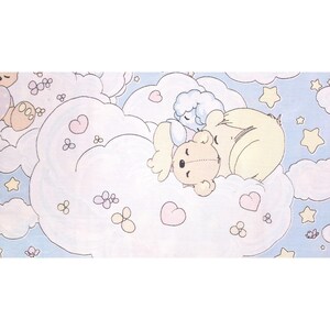 May include: A charming illustration of a teddy bear and a lamb nestled on a cloud. The background is a pale blue sky with stars and hearts. The soft pastel colours create a gentle, comforting scene, suitable for children's decor or fabric design.