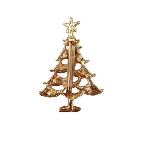 Vintage Christmas Tree Pin Brooch Gold Tone Green… - image 2