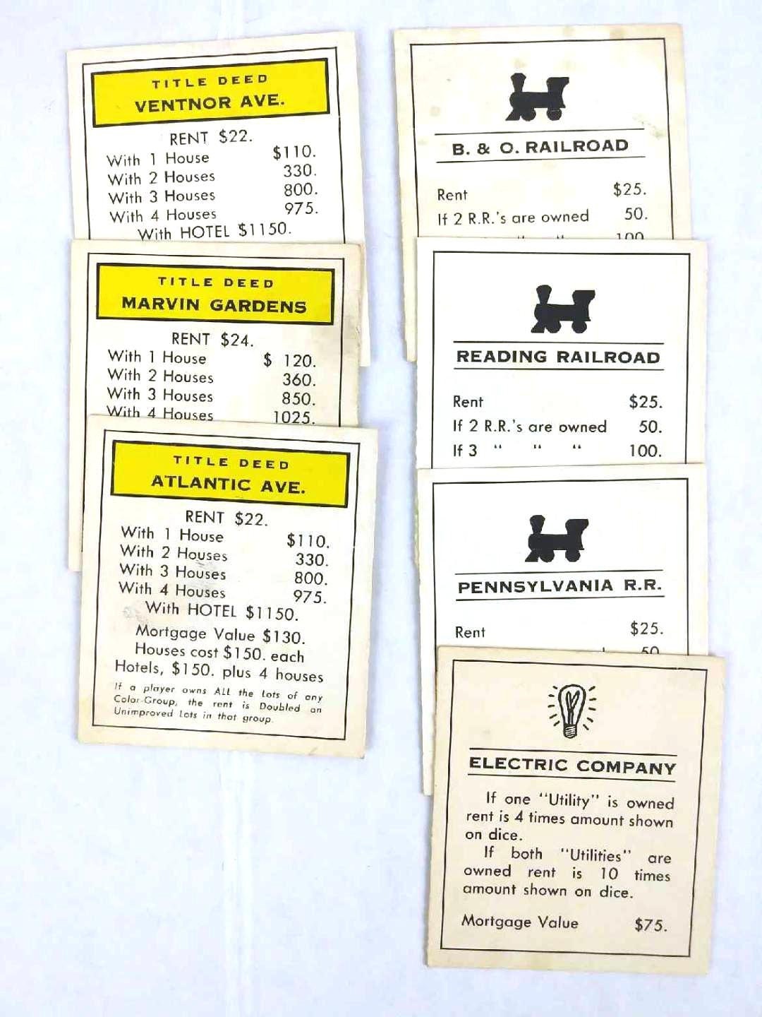 Monopoly Replacement Cards Vintage 1961 Monopoly Pieces Deed Railroad ...