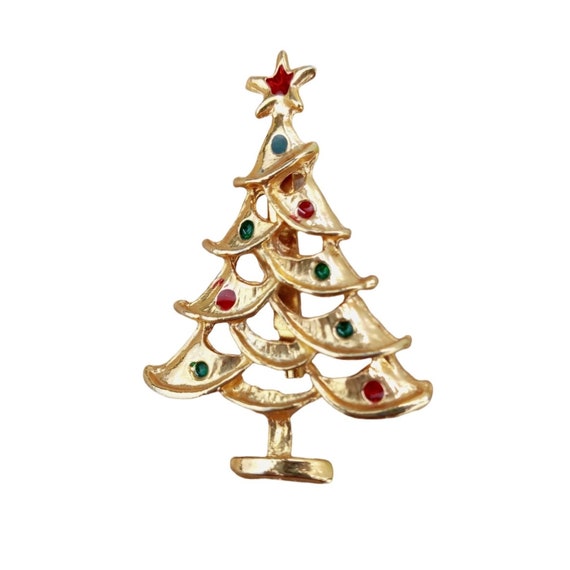 Vintage Christmas Tree Pin Brooch Gold Tone Green… - image 1