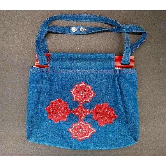 Denim Purse 1970s Blue Jean Handmade Vintage Reve… - image 1