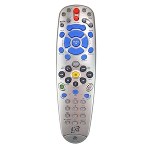 May include: Silver Dish Network remote control with blue and red buttons. Features buttons for power, volume, menu, and channel navigation. Includes a numeric keypad and the Dish Network logo.