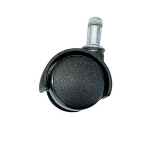 May include: Black swivel caster with a silver metal stem. The caster is designed for furniture or other objects that need to be moved easily.