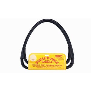 May include: Black purse handle with a yellow label that reads "PURSE-N-ABLE HANDLE". The handle is a "DOUBLE DEE" fashion handle for macrame, crochet, weaving, and fabric purses. The handle is made of a flexible material.