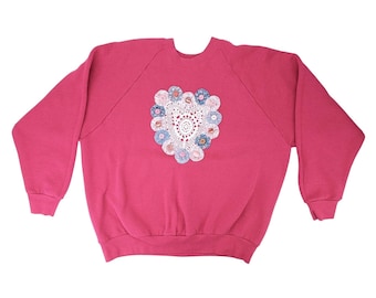 Vintage Pink Sweatshirt Handmade Crochet Heart Doily Women Size XL Grannycore