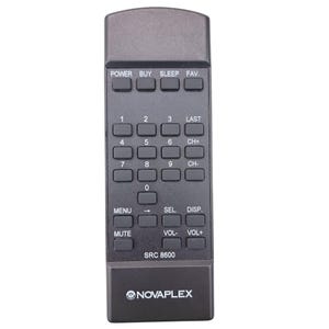 Może przedstawiać: Czarny pilot Novaplex SRC 8600 z wieloma przyciskami, w tym kontrolkami zasilania, kanału i głośności. Pilot ma prostokątny kształt i jest przeznaczony do łatwego użytkowania.