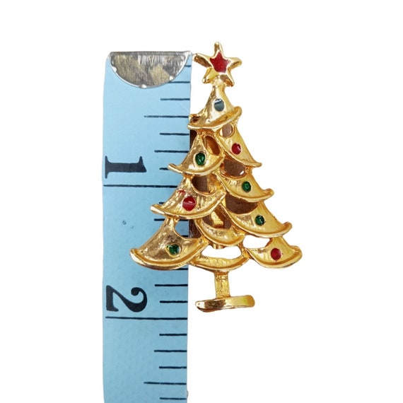 Vintage Christmas Tree Pin Brooch Gold Tone Green… - image 3