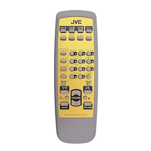 May include: A gray JVC remote control with yellow buttons. The remote has buttons for CD, tape, volume, and FM/AM functions. The JVC logo is at the top. The text "RM SMKITOU REMOTE CONTROL" is at the bottom.