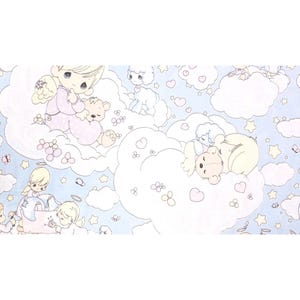 May include: A light blue fabric with a repeating pattern of cartoon angels, teddy bears, clouds, hearts, stars, and butterflies. The angels have halos and wear pastel colours. The design has a whimsical, childlike theme.