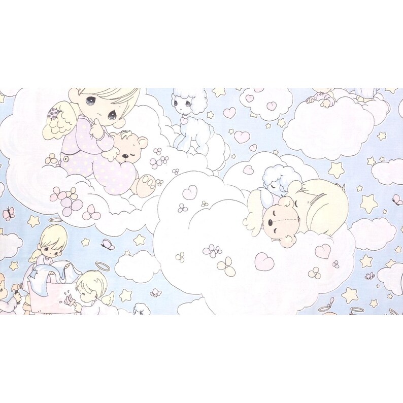 May include: A light blue fabric with a repeating pattern of cartoon angels, teddy bears, clouds, hearts, stars, and butterflies. The angels have halos and wear pastel colours. The design has a whimsical, childlike theme.