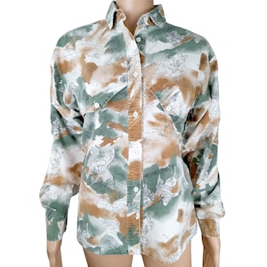 Vintage Roper Women's Western Button Shirt Medium Green Brown Long Sleeve Horses Native American Chief Maps