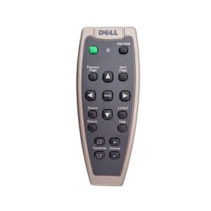 May include: A Dell projector remote control with a silver and black design. The remote has several buttons, including power, volume, menu, and source. The Dell logo is at the top.