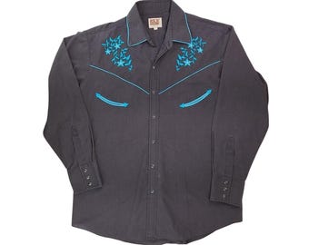 Vintage Ely Cattleman Western Shirt Pearl Snap Men Large Black Blue Embroidered