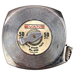 Vintage Evans Tape Measure 50 Ft White Steel 505 Made In USA Wind Up Knob Tool
