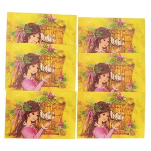 Cartão de natal vintage menina pássaro 60s rosa amarelo americano saudações lote de 6 novos