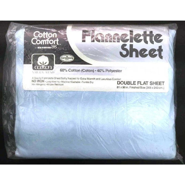 Flannelette Double Flat Bed Flannel Sheet, Bleu clair, vintage New & Sealed Bibb Cotton No Iron Machine Wash Made In USA