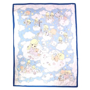 Vintage Handmade Precious Moments Baby Angel Quilt Blanket Blue Double Sided image 1